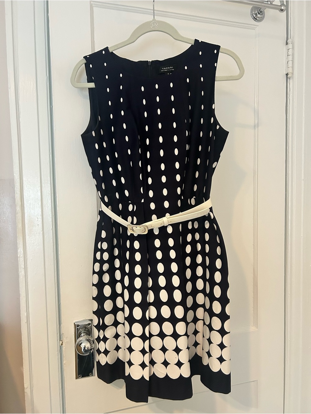 Tahari Navy Blue Dress with White Polka Dots and White Belt